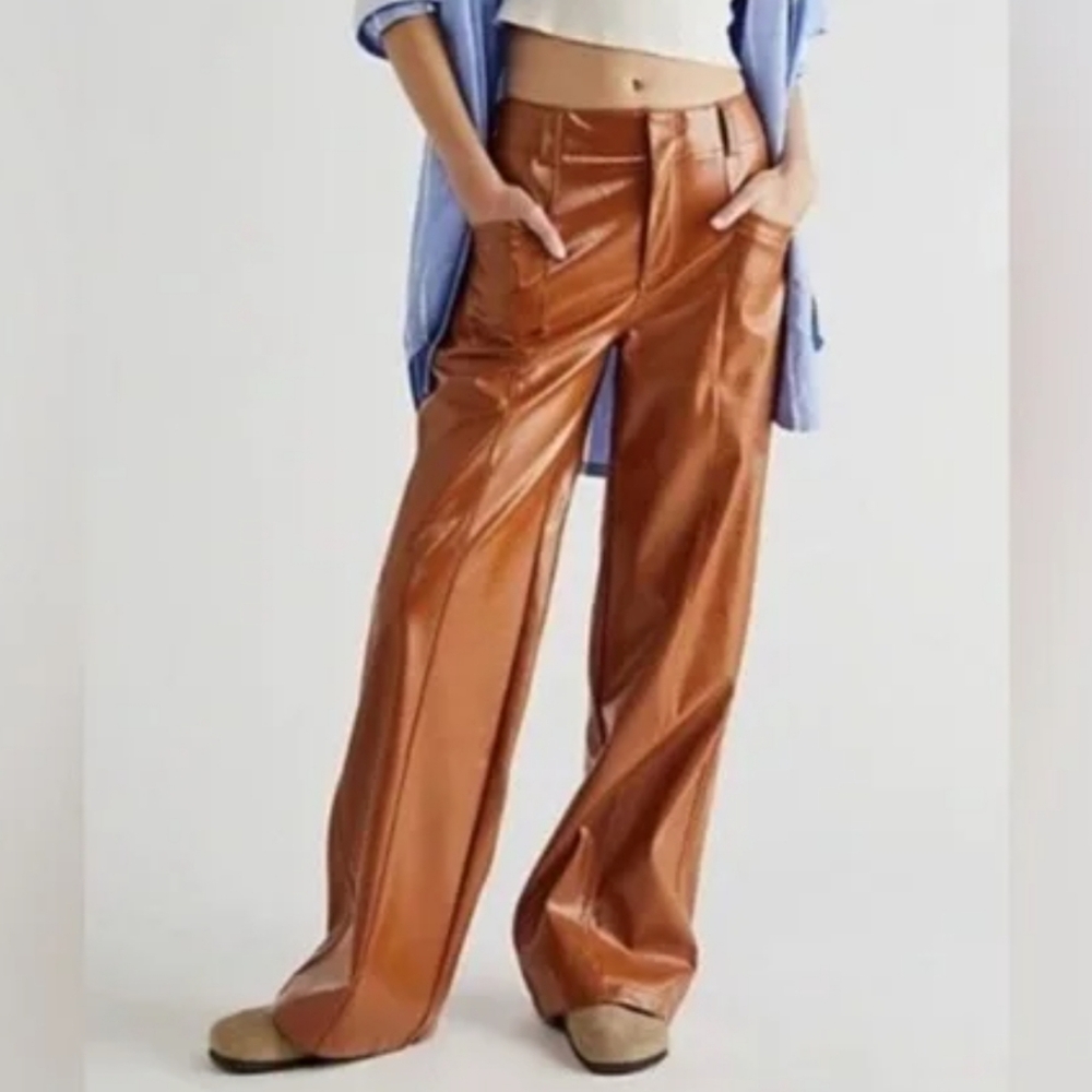 We The Free People Star Crossed Lovers Vegan Copper Straight-Leg Pants NWT Sz 6